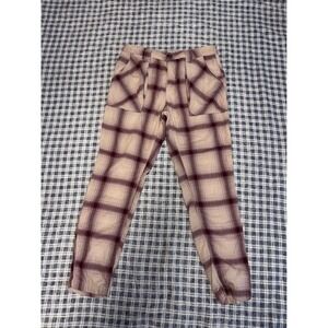 Free People Plaid Utility Tapered Pants Cream Burgundy Check Multi Pocket 32x27